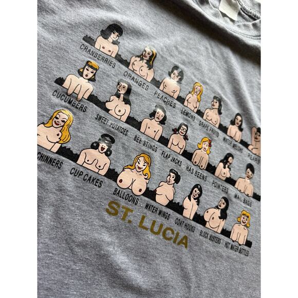 Vintage St Lucia Shirt Graphic Cartoon Boobs Fruit Tee Gray L Adult Humor Sex - Picture 7 of 8